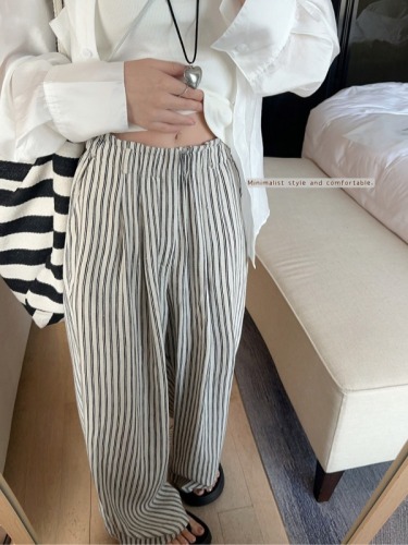 Actual shot ~ Lazy striped cotton and linen wide-leg trousers for women + loose temperament sun protection shirt + elastic threaded vest