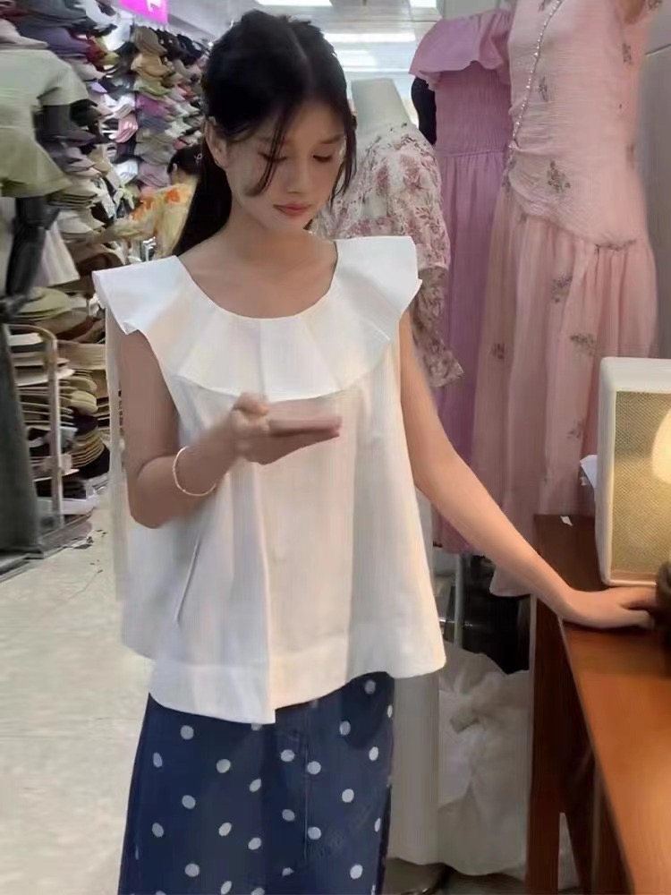 2024 summer new age-reducing Korean style ruffled round neck sleeveless top for women loose slimming vest