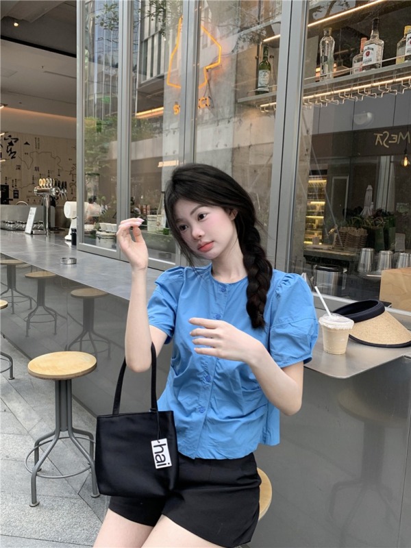 Korean style French slim round neck pleated waist slimming puff sleeve shirt top