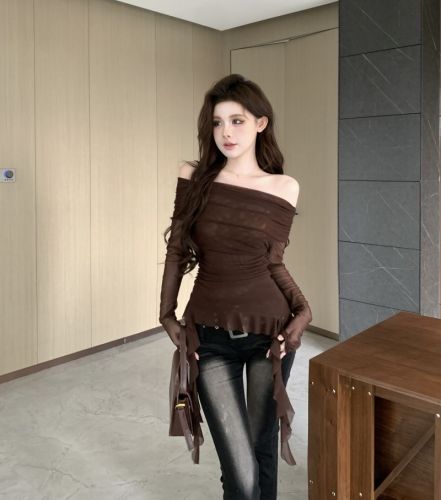 Real shot!  !  Early autumn one-shoulder off-shoulder T-shirt for women with irregular ribbons, slim-fitting short top