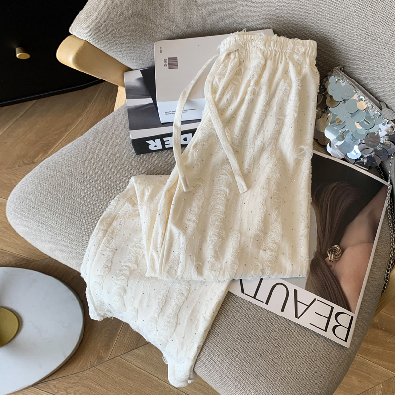 Casual pants for women, summer thin sunscreen pants for small people, straight-leg pants, frayed textured, rhinestoned wide-leg ice silk pants