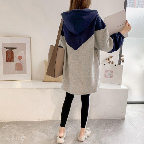 Early autumn plus size women's loose mid-length patchwork sweatshirt women's hooded thin coat fat mm sister's top