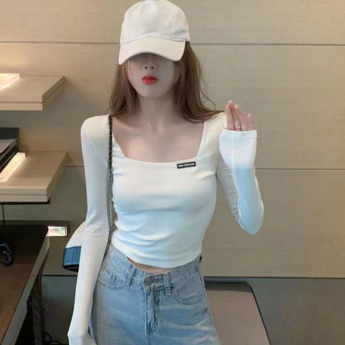 Fashionable and super hot Korean style square collar embroidered long-sleeved T-shirt for women in autumn slim-fitting short navel-baring bottoming shirt slim-fitting top