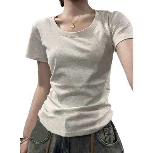 New beige, right shoulder, short-sleeved T-shirt for women in summer, slim-fitting, high-end, casual and versatile top trendy