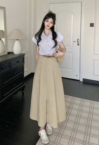 Korean style commuting Polo collar striped small flying sleeves shirt + high waist slit slimming skirt