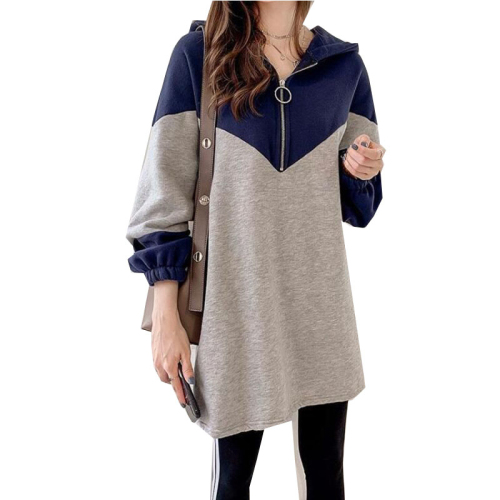 Early autumn plus size women's loose mid-length patchwork sweatshirt women's hooded thin coat fat mm sister's top