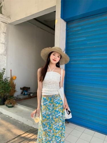 Halter neck three-dimensional flower pattern suspender hot girl drawstring tube top vacation style extra long floral umbrella skirt
