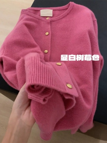 Recommended! Korean style ~ Raspberry gold-button wool knitted cardigan top, high-end soft waxy sweater jacket for women