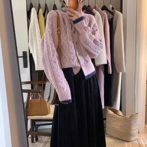 Pink twist knitted cardigan for women, soft and waxy, retro, gentle, gentle style, French sweater jacket, short top, autumn and winter