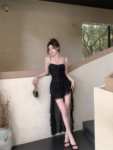 French Pure Desire Super Fairy Ruffled Splicing Suspender Dress Women's Slim Fit Irregular Skirt