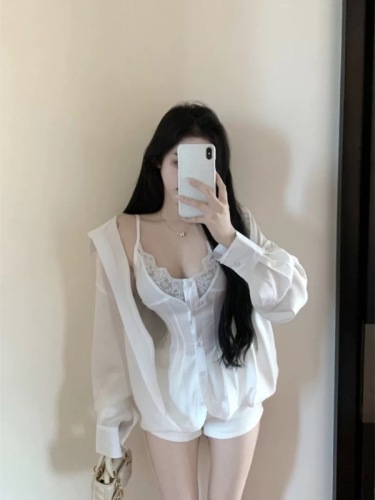 Fake two-piece lace splicing suspender long-sleeved shirt for women summer waist-cinching temperament shirt white design top