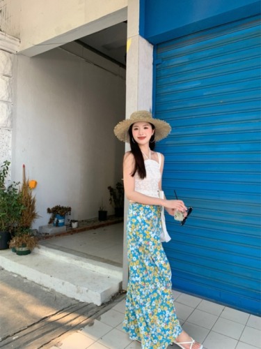 Halter neck three-dimensional flower pattern suspender hot girl drawstring tube top vacation style extra long floral umbrella skirt