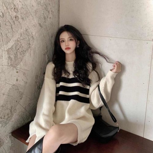 Striped contrasting color loose pullover sweater autumn and winter new women's Korean style fashion mid-length sweater top