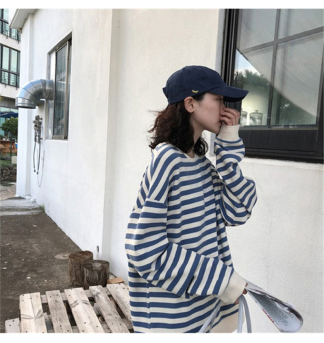Fish Scale Thin Version Autumn Korean Style Striped Long Sleeve T-Shirt Women's Top Loose Round Neck Sweatshirt Women