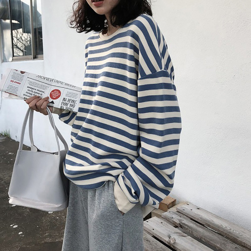 Fish Scale Thin Version Autumn Korean Style Striped Long Sleeve T-Shirt Women's Top Loose Round Neck Sweatshirt Women