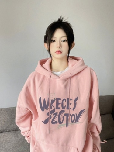 Pink sweatshirt for women 2024 trendy brand American retro hooded thin lazy style jacket oversize top