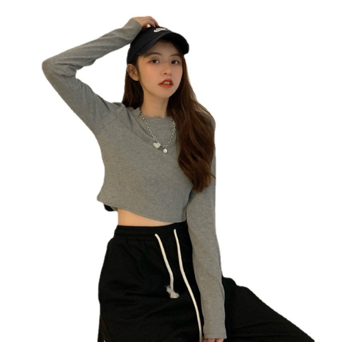 Fashionable and super hot Korean style long-sleeved bottoming shirt Korean style short navel-baring T-shirt women's autumn fit slimming top trendy