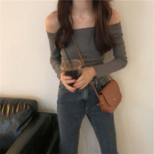 Fashionable super hot threaded one-shoulder top for women in autumn design niche short T-shirt hot girl long-sleeved bottoming shirt