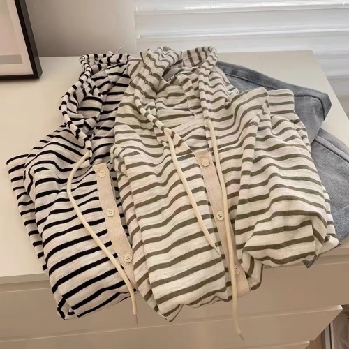 Korean striped all-match hooded cardigan jacket for women summer thin long-sleeved outdoor ice silk breathable sun protection clothes