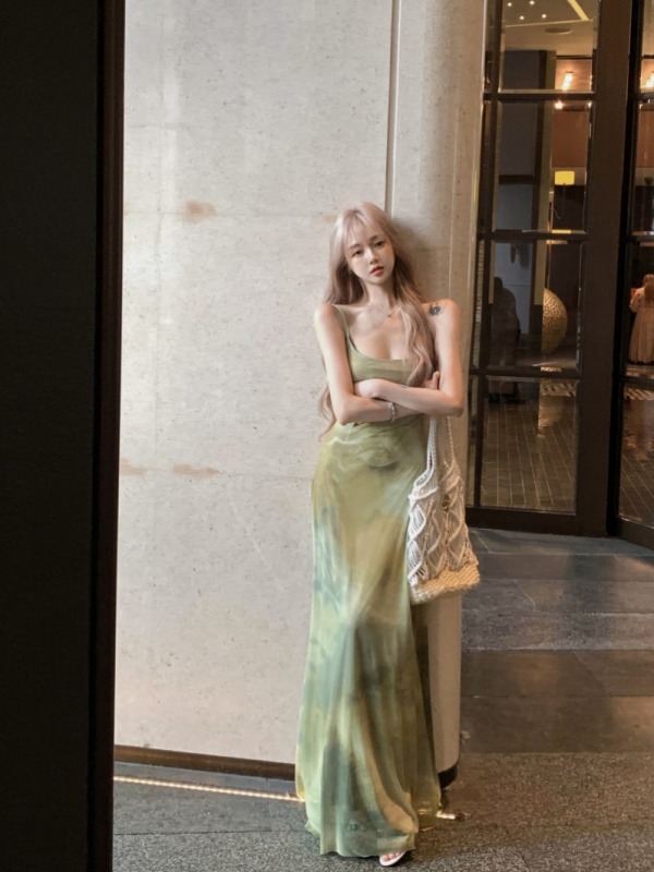 French lazy seaside resort style green smudged suspender super nice dress women's summer long dress