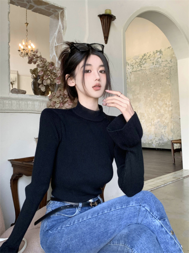 Real shot of autumn black knitted bottoming shirt for women, new Korean version, slim and elegant long-sleeved T-shirt top