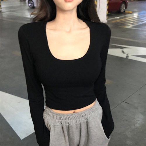 Fashion super hot Korean version of autumn pure lust hottie big U-neck slim slim short long-sleeved T-shirt top women's trendy