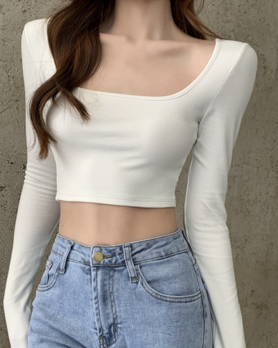 Fashionable and super hot Korean style hot girl square neck long-sleeved T-shirt for women autumn new strappy short backless slim bottoming shirt