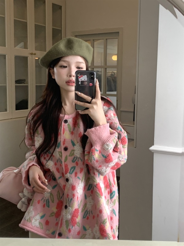 Korean retro lazy style sweet age-reducing pink flocking three-dimensional flower soft waxy sweater jacket