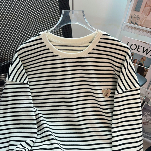 Actual shot of 250g pique striped sweatshirt for women spring and autumn 2024 round neck long sleeve t-shirt tops for women plus size 200 pounds