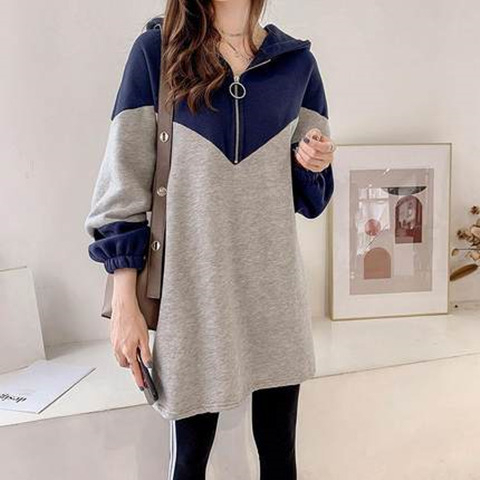 Early autumn plus size women's loose mid-length patchwork sweatshirt women's hooded thin coat fat mm sister's top