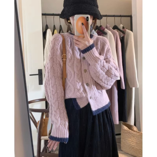 Pink twist knitted cardigan for women, soft and waxy, retro, gentle, gentle style, French sweater jacket, short top, autumn and winter