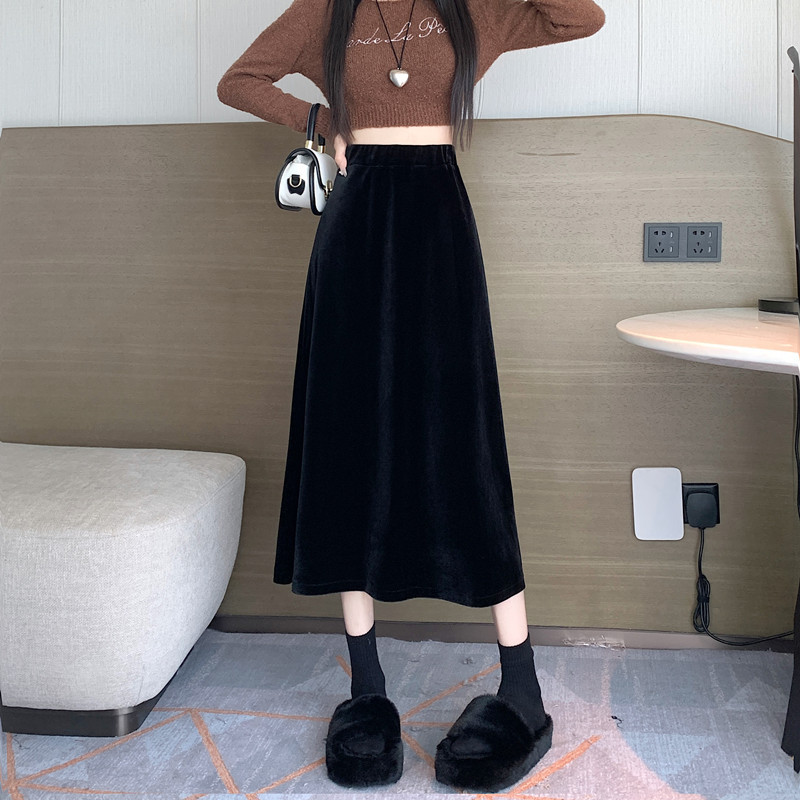 New Autumn and Winter Gold Velvet High Waist Versatile Mid-Length Skirt A-Line Skirt