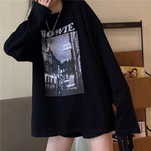 Pure cotton long-sleeved T-shirt for women 2024 new autumn and winter solid color loose bottoming shirt printed round neck top