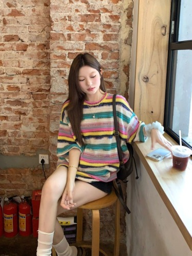 Real shot 2024~Retro summer Persian mixed color striped knitted short-sleeved T-shirt, loose mid-length