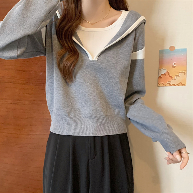 Autumn and winter Korean design casual sports fake two-piece hooded sweater loose long-sleeved top
