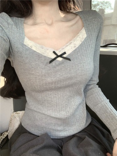 Real shot~Early autumn gray lace splicing bottoming sweater autumn and winter design niche bottoming top