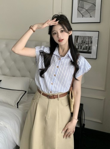 Korean style commuting Polo collar striped small flying sleeves shirt + high waist slit slimming skirt