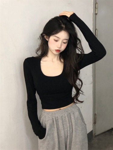 Fashion super hot Korean version of autumn pure lust hottie big U-neck slim slim short long-sleeved T-shirt top women's trendy