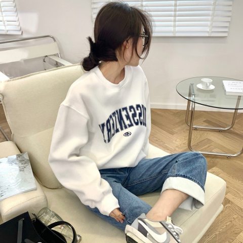 Spring and Autumn Thin Sweatshirt Women 2024 New Korean Style Round Neck Letter Print Loose Student Top Trendy