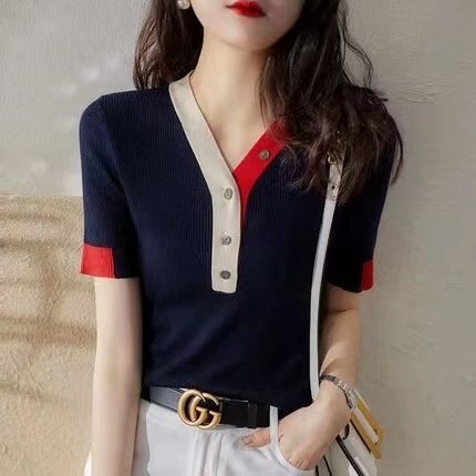 Hong Kong style retro chic ice silk sweater women's short-sleeved T-shirt V-neck contrasting color bottoming slimming short top