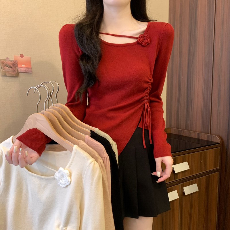 Photographed 2024 New Design Style Niche Drawstring Irregular Unique 3D Rose Shaped Fitted Knit Top