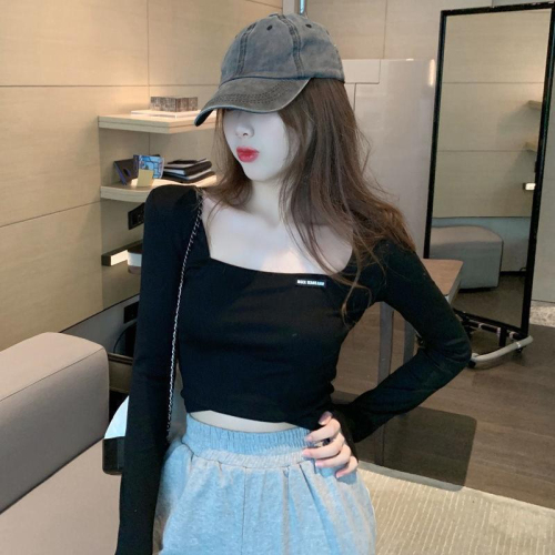 Fashionable and super hot Korean style square collar embroidered long-sleeved T-shirt for women in autumn slim-fitting short navel-baring bottoming shirt slim-fitting top