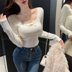 New pure desire high-end soft waxy lace stitching double-sided velvet inner bottoming top with chest pad T-shirt