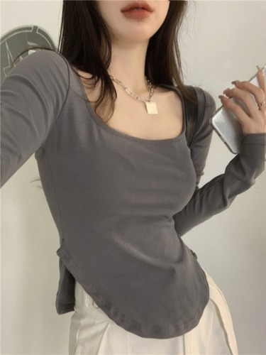 Fashion super hot Korean new autumn U-neck solid color sexy low-neck irregular slim long-sleeved T-shirt for women