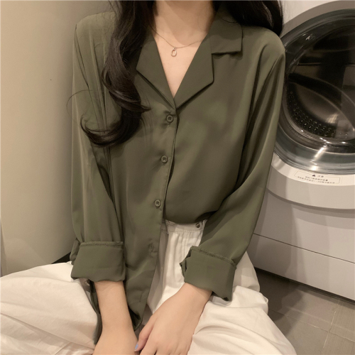 New Korean style V-neck, lazy, gentle, loose, mid-length, versatile long-sleeved shirt for outer wear