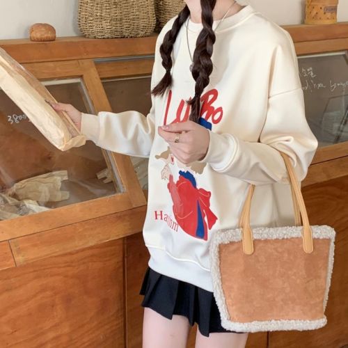 Plus velvet and thickened 400g composite silver fox velvet sweatshirt for women autumn and winter round neck