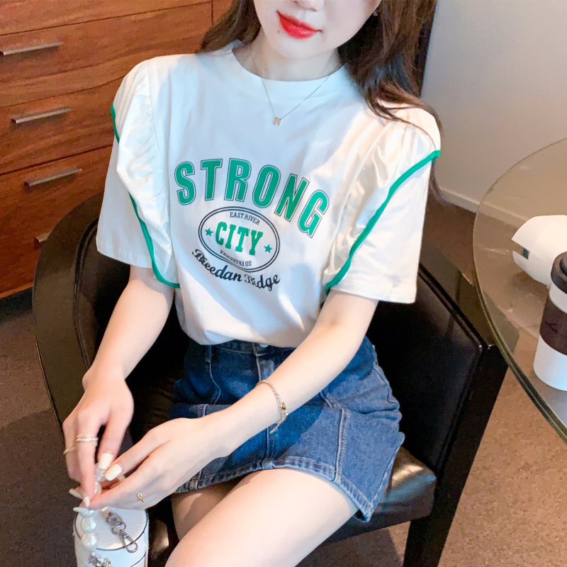 2024 new summer style ruffled white printed cotton round neck T-shirt versatile top short-sleeved shirt