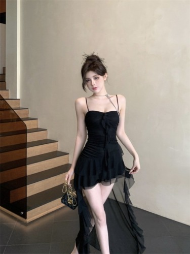 French Pure Desire Super Fairy Ruffled Splicing Suspender Dress Women's Slim Fit Irregular Skirt