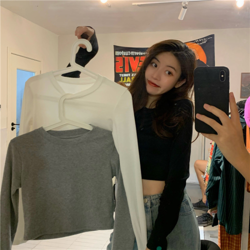 Fashionable and super hot Korean style long-sleeved bottoming shirt Korean style short navel-baring T-shirt women's autumn fit slimming top trendy