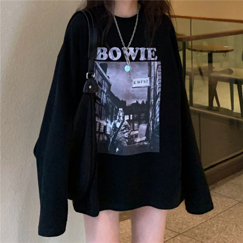 Pure cotton long-sleeved T-shirt for women 2024 new autumn and winter solid color loose bottoming shirt printed round neck top